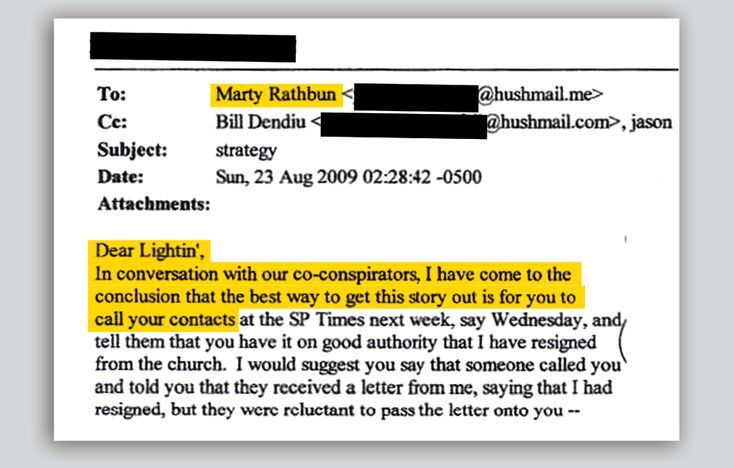 Email from Paul Haggis (“Pete”) to Mark Rathbun (“Lightin’”) directing his contrived story and how it would leak to the media.